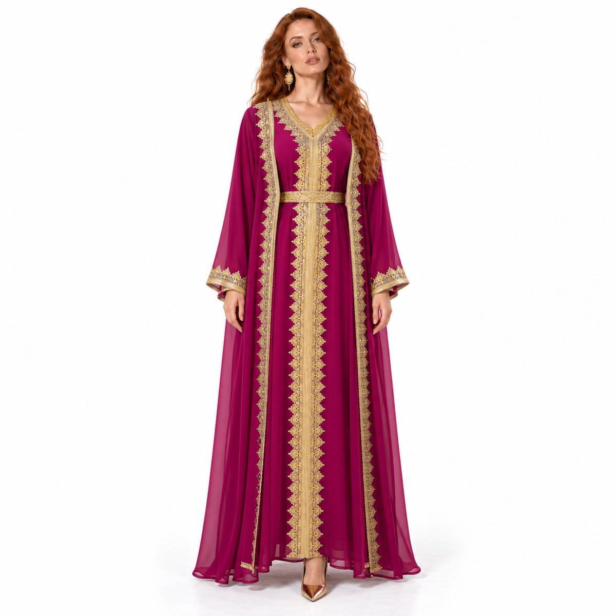 Magenta Gold Embroidered Lebaran Kaftan Dress