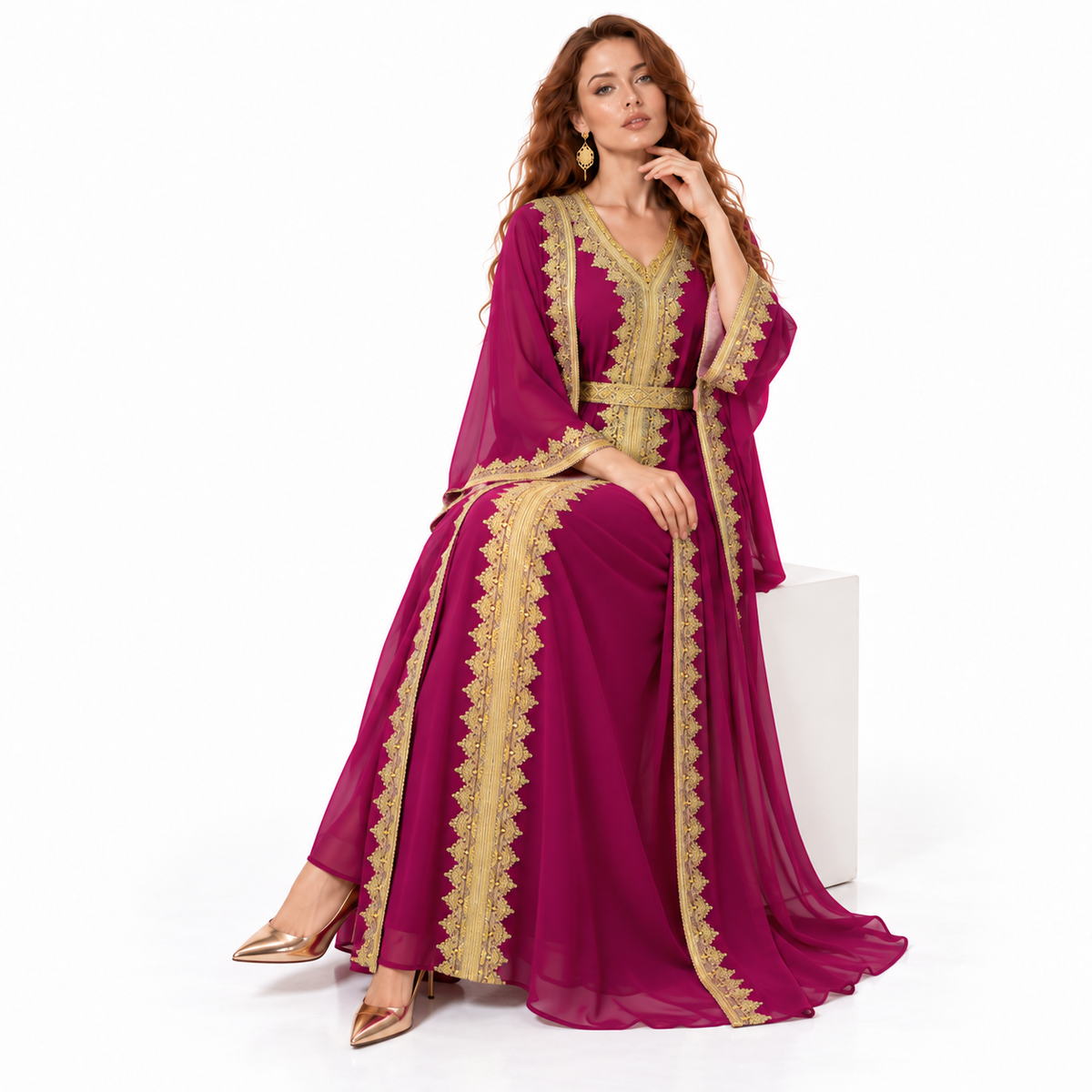 Magenta Gold Embroidered Lebaran Kaftan Dress