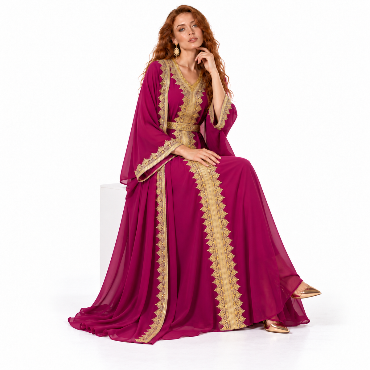 Magenta Gold Embroidered Lebaran Kaftan Dress