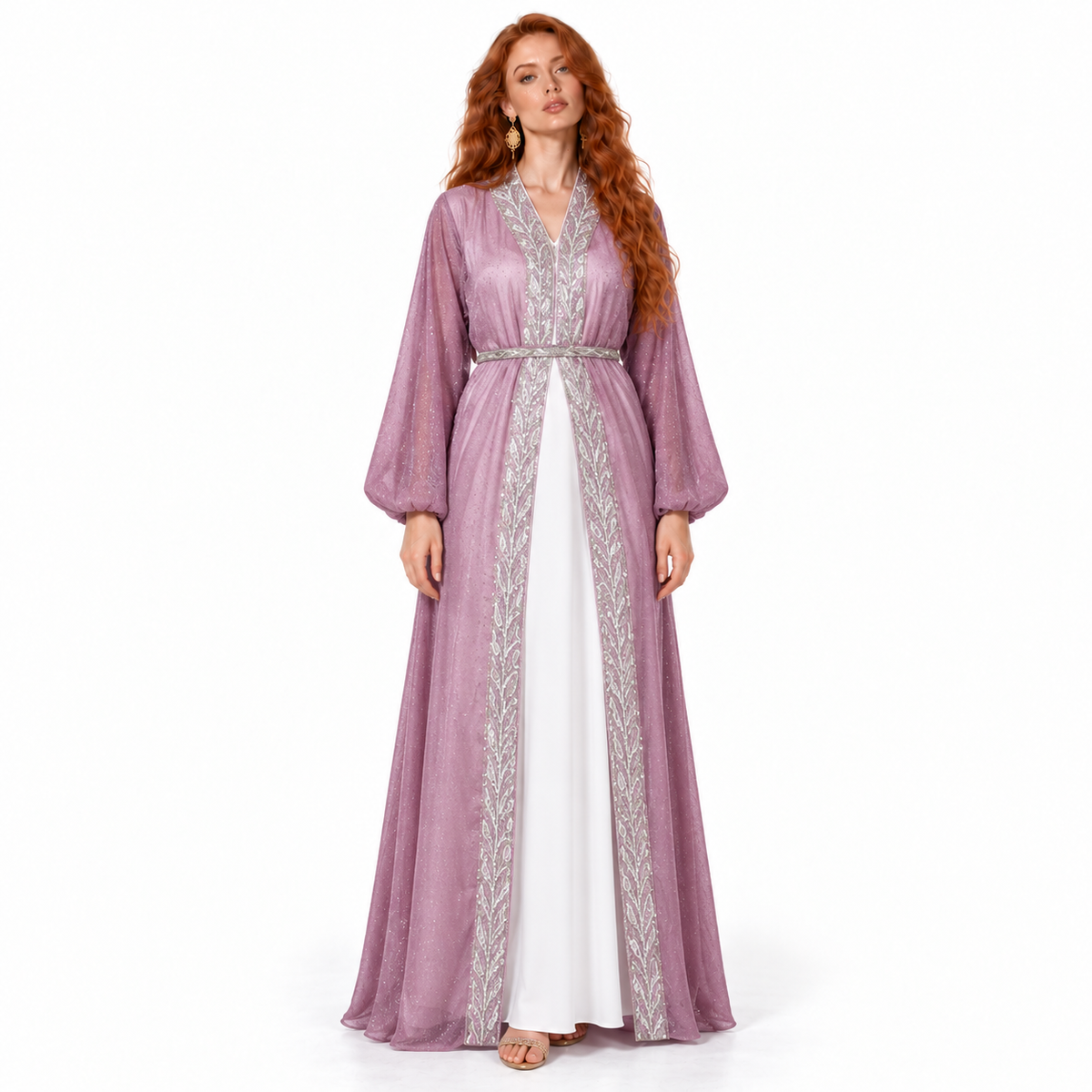 Mauve Silver Embroidered Elegant Lebaran Kaftan
