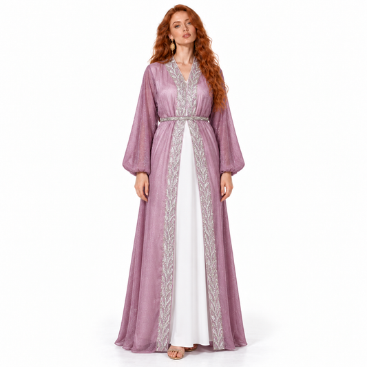 Mauve Silver Embroidered Elegant Lebaran Kaftan