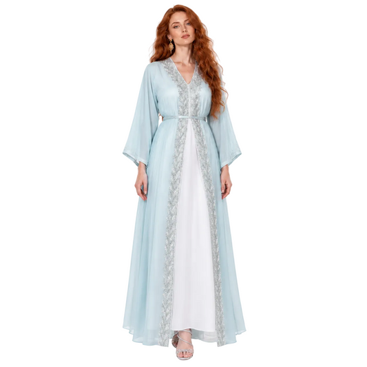 Ice Blue Silver Embroidered Lebaran Kaftan