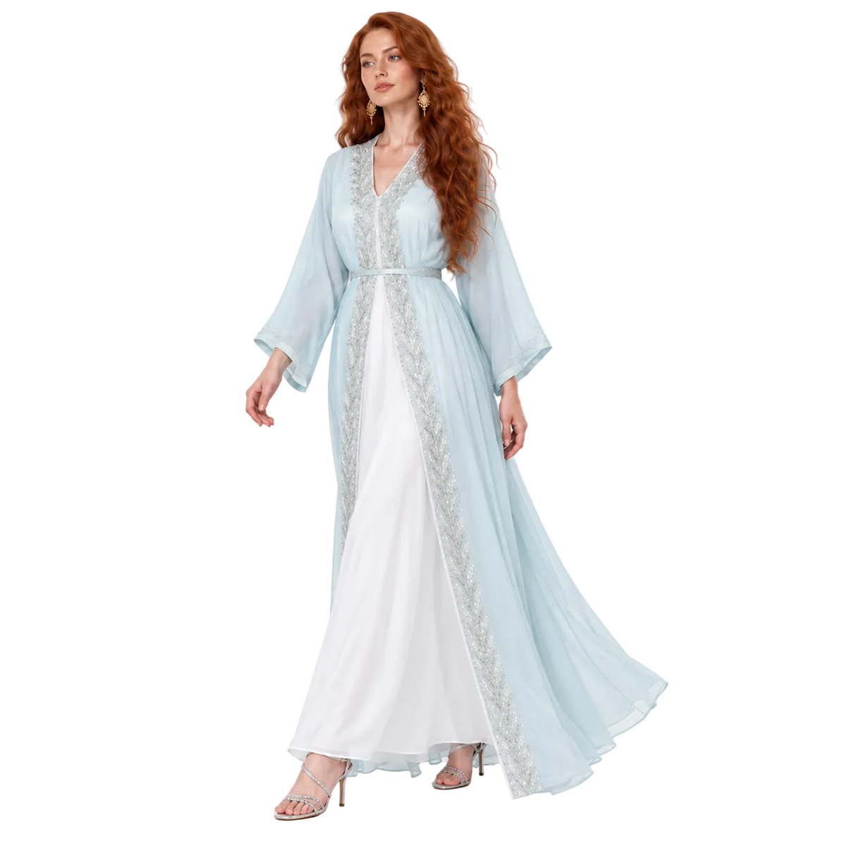 Ice Blue Silver Embroidered Lebaran Kaftan