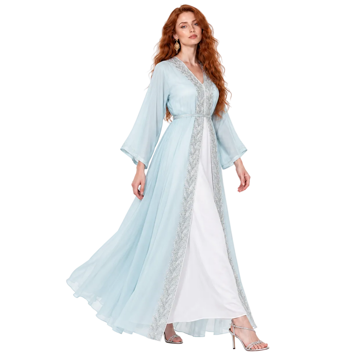 Ice Blue Silver Embroidered Lebaran Kaftan