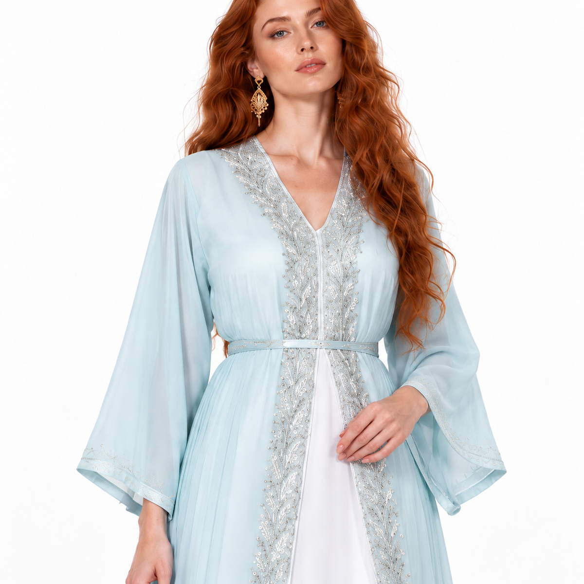Ice Blue Silver Embroidered Lebaran Kaftan
