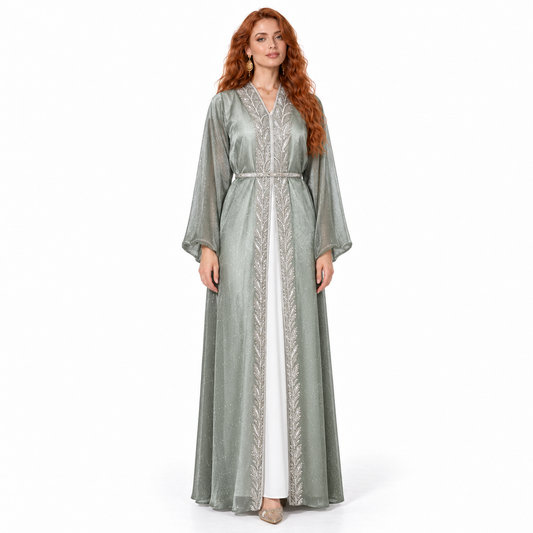 Sage Green Silver Embroidered Lebaran Kaftan