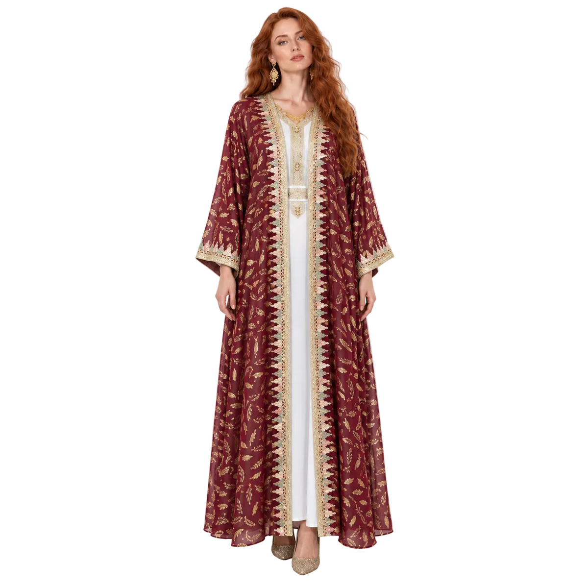 Burgundy Gold Floral Embroidered Lebaran Kaftan