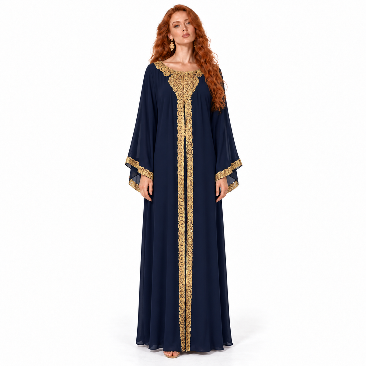 Navy Gold Embroidered Luxury Lebaran Kaftan