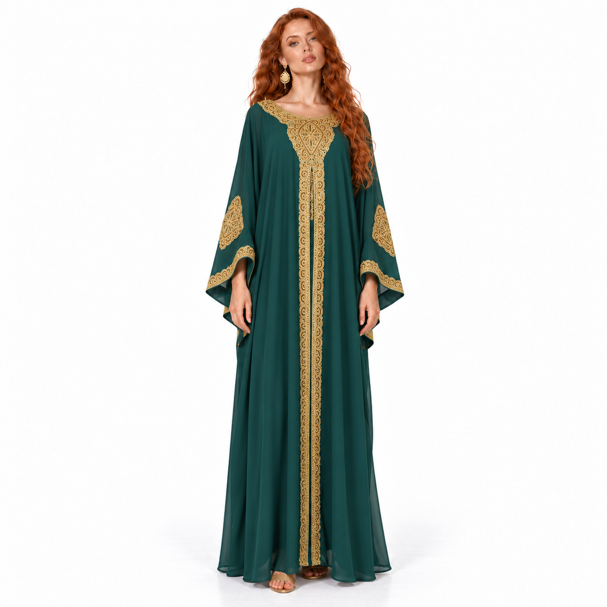 Emerald Green Gold Embroidered Lebaran Kaftan