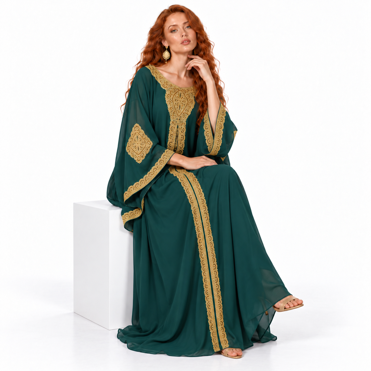 Emerald Green Gold Embroidered Lebaran Kaftan