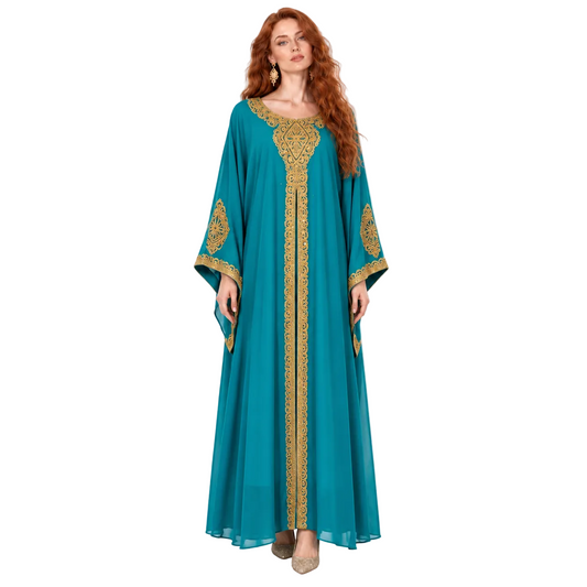 Blue Gold Embroidered Elegant Lebaran Kaftan