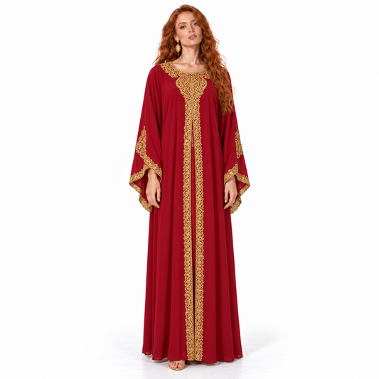 Red Gold Embroidered Luxury Lebaran Kaftan