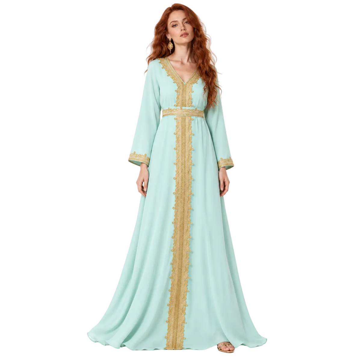 Elegant Light Green Gold Embroidered Lebaran Kaftan