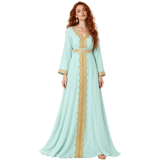 Elegant Light Green Gold Embroidered Lebaran Kaftan
