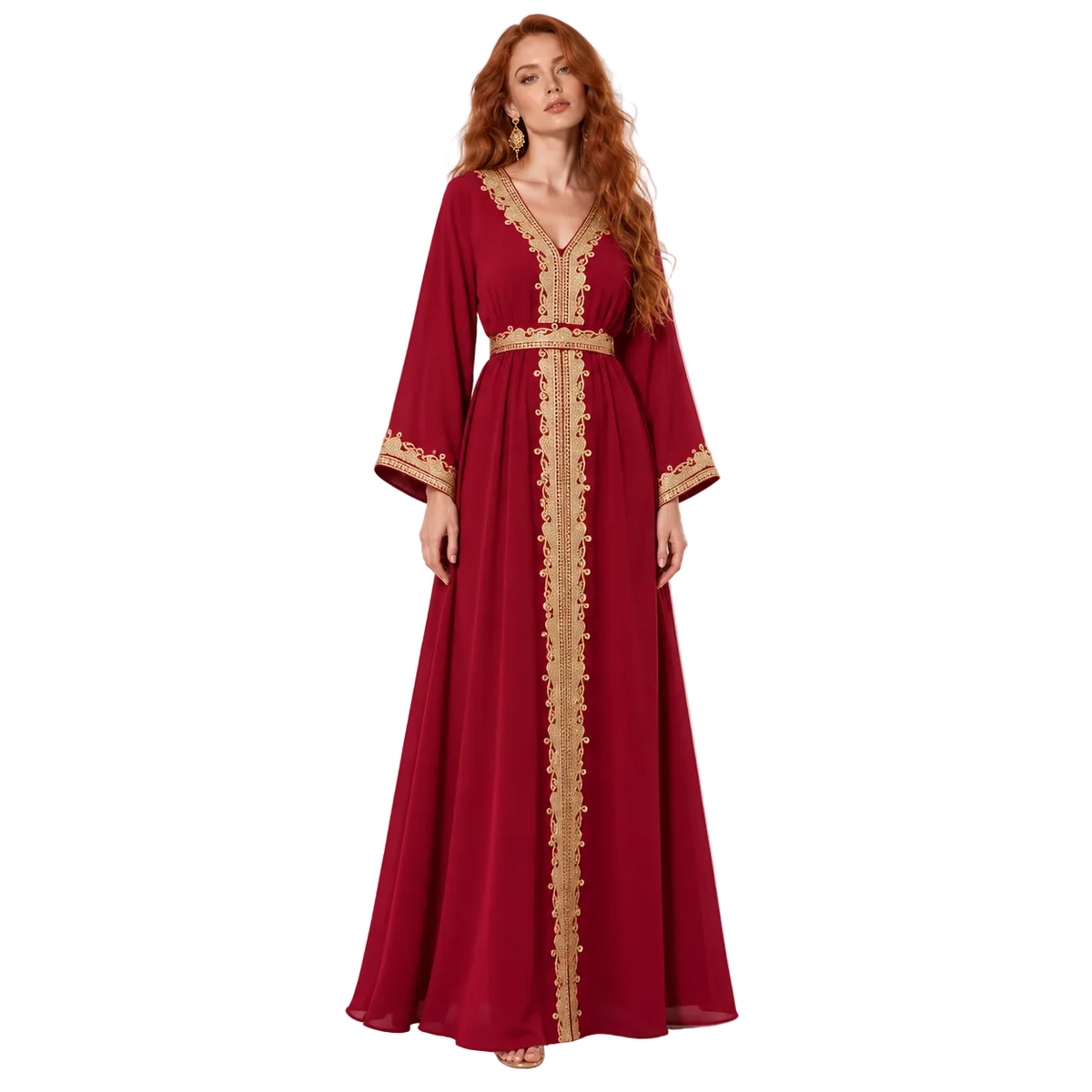 Elegant Red Gold Embroidered Lebaran Kaftan