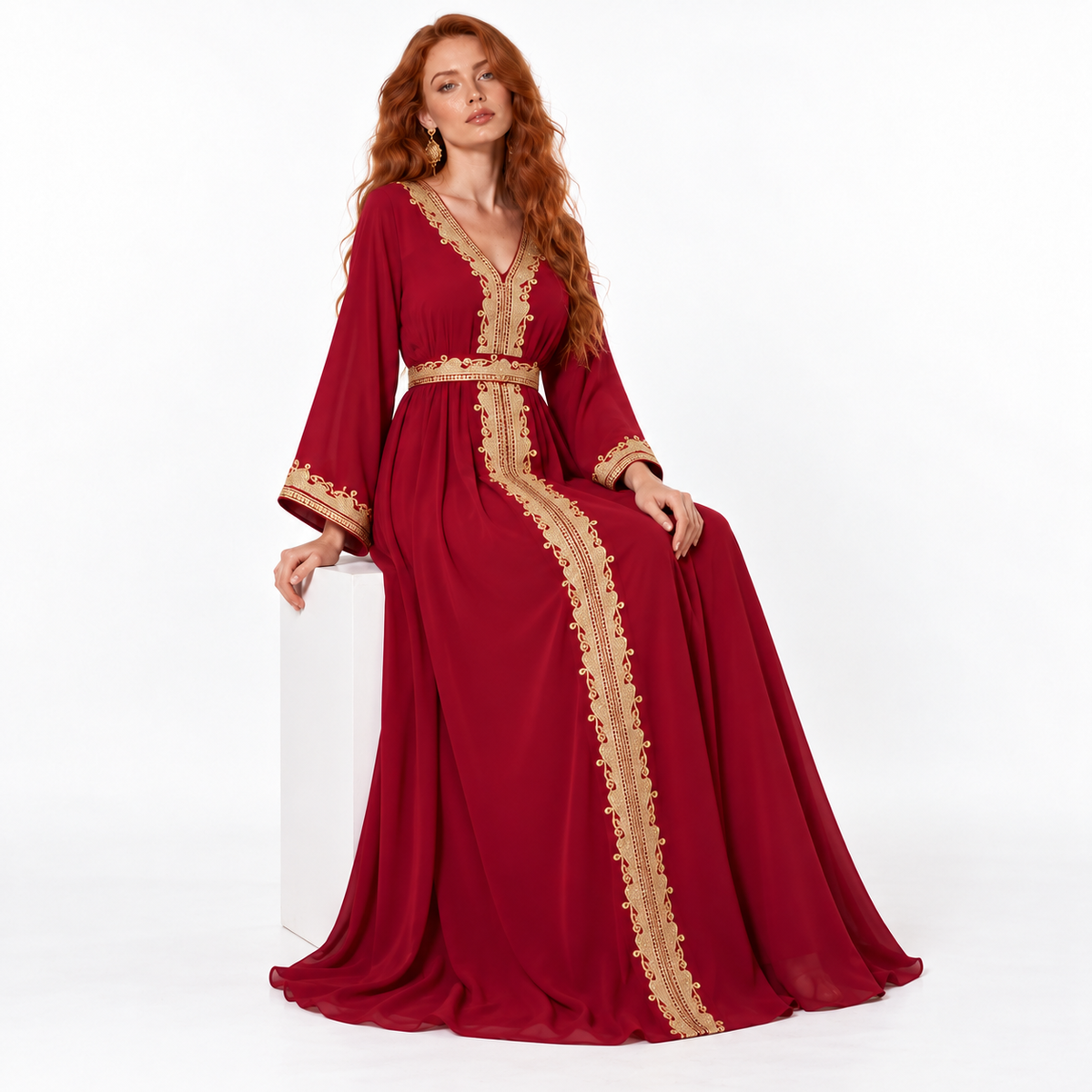 Elegant Red Gold Embroidered Lebaran Kaftan