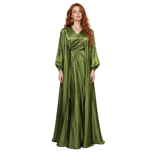 Elegant Olive Green Satin Lebaran Kaftan