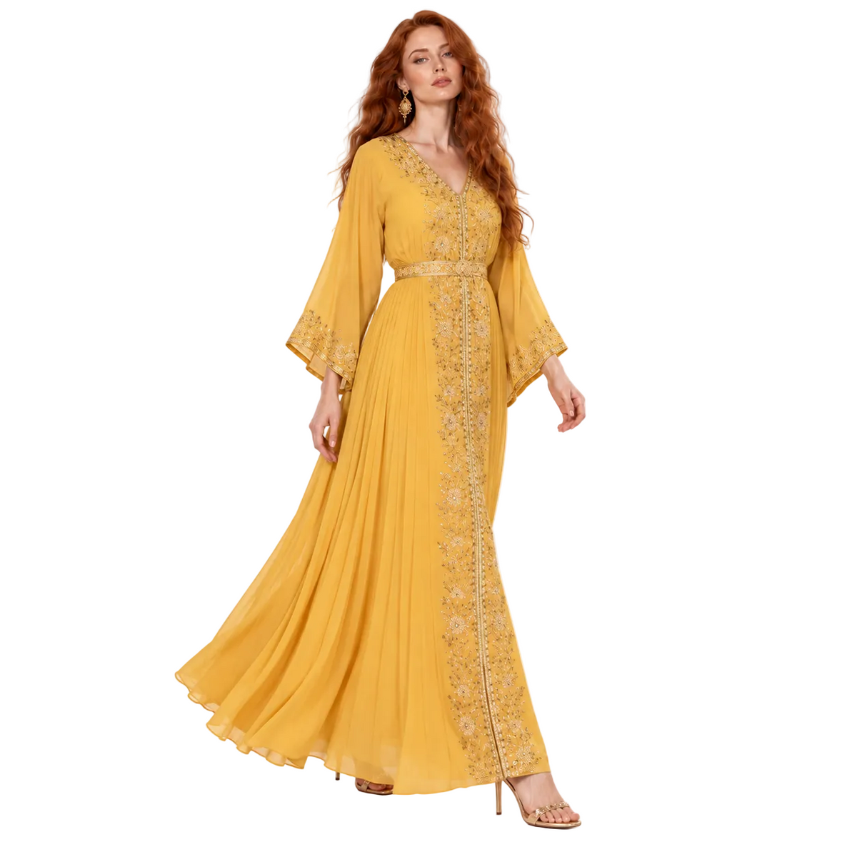 Mustard Yellow Gold Embroidered Kaftan Lebaran