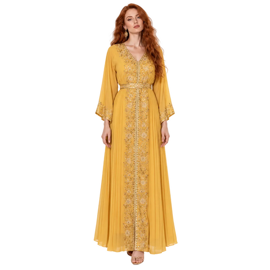 Mustard Yellow Gold Embroidered Kaftan Lebaran
