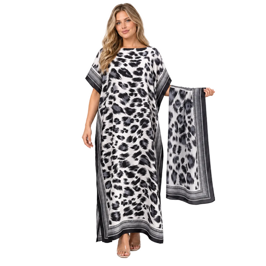 Black White Leopard Silk Satin Kaftan