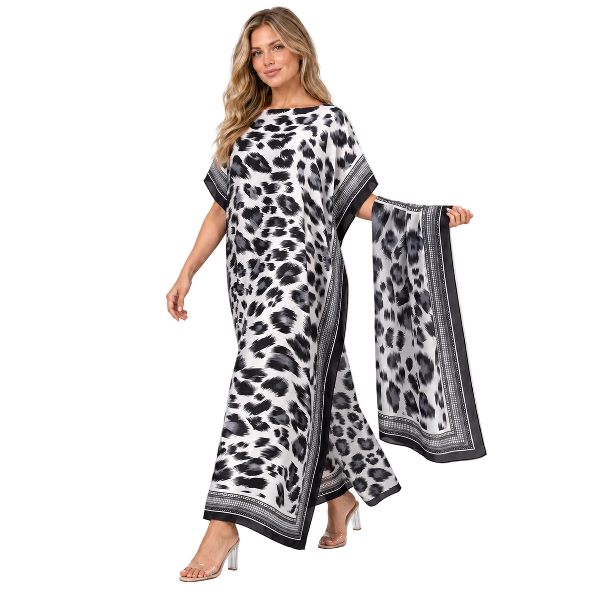 Black White Leopard Silk Satin Kaftan