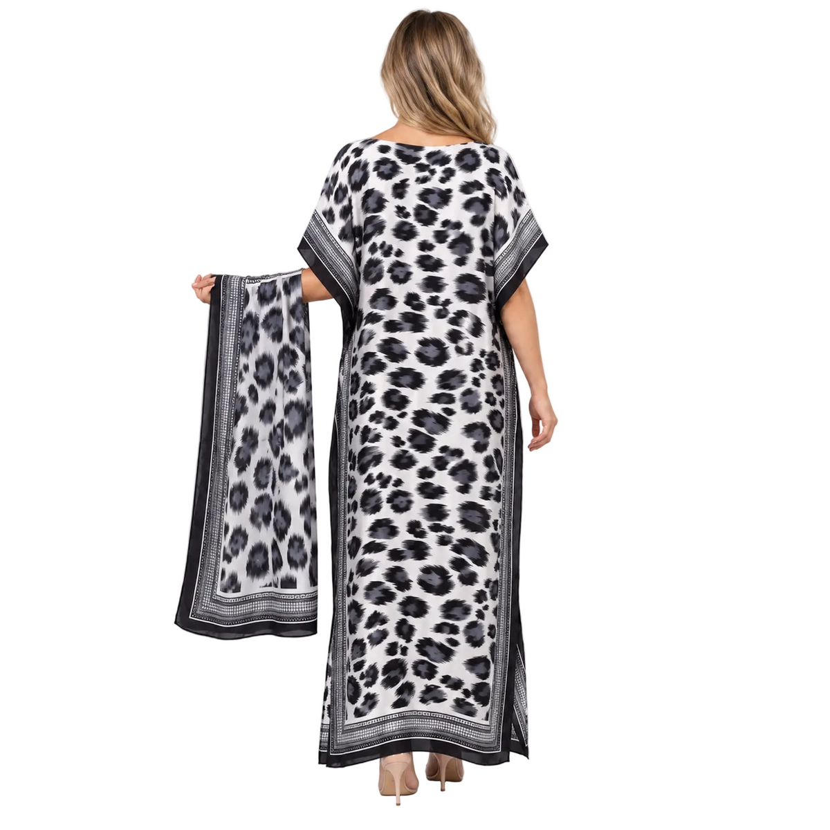 Black White Leopard Silk Satin Kaftan