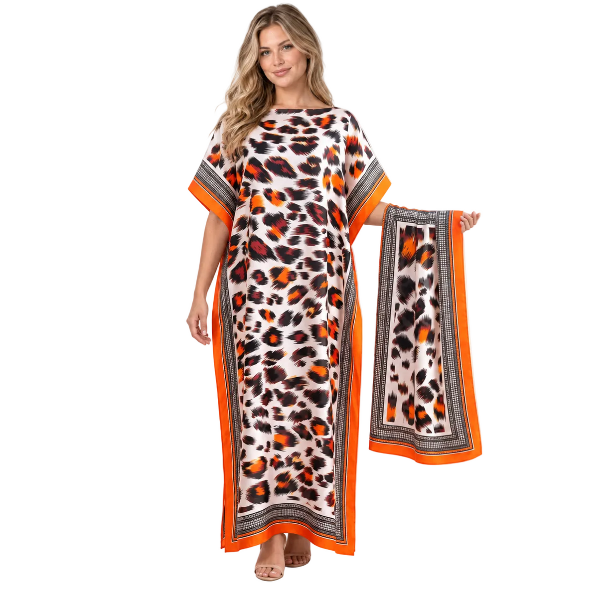 Coral Red Leopard Silk Satin Kaftan