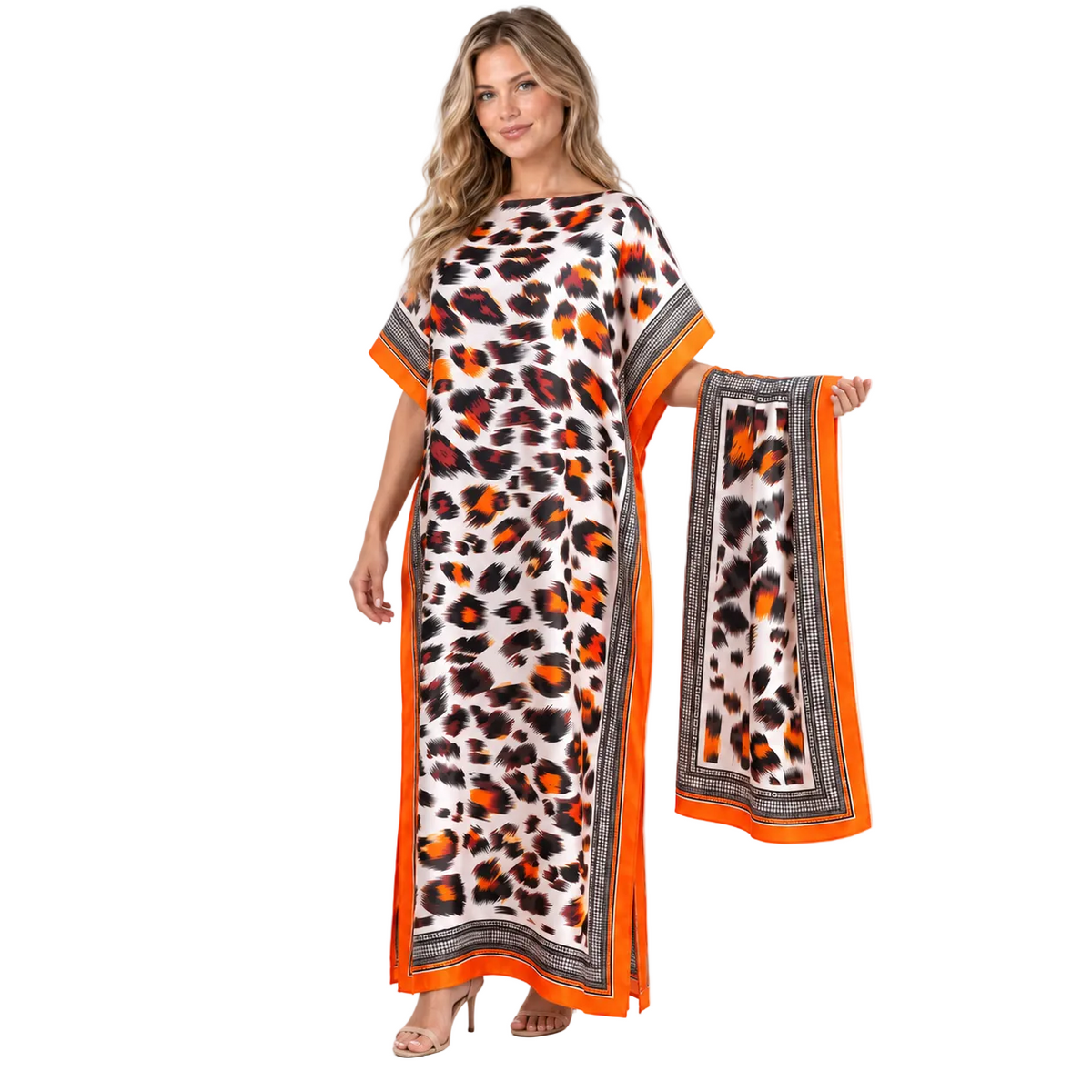 Coral Red Leopard Silk Satin Kaftan