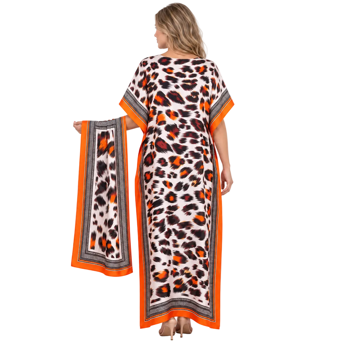 Coral Red Leopard Silk Satin Kaftan