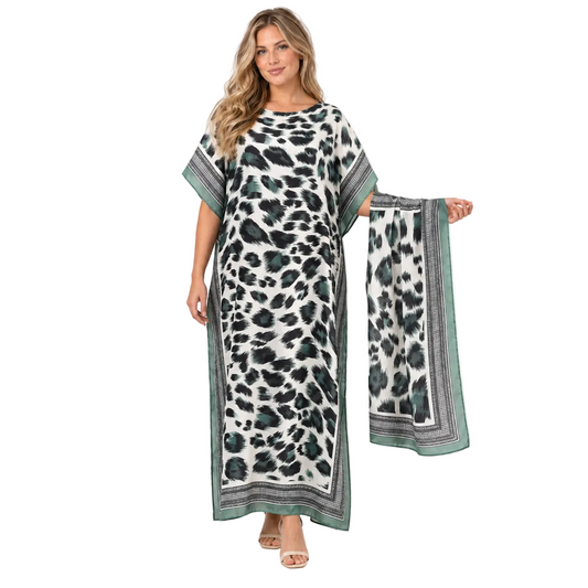 Light Green Leopard Silk Satin Kaftan