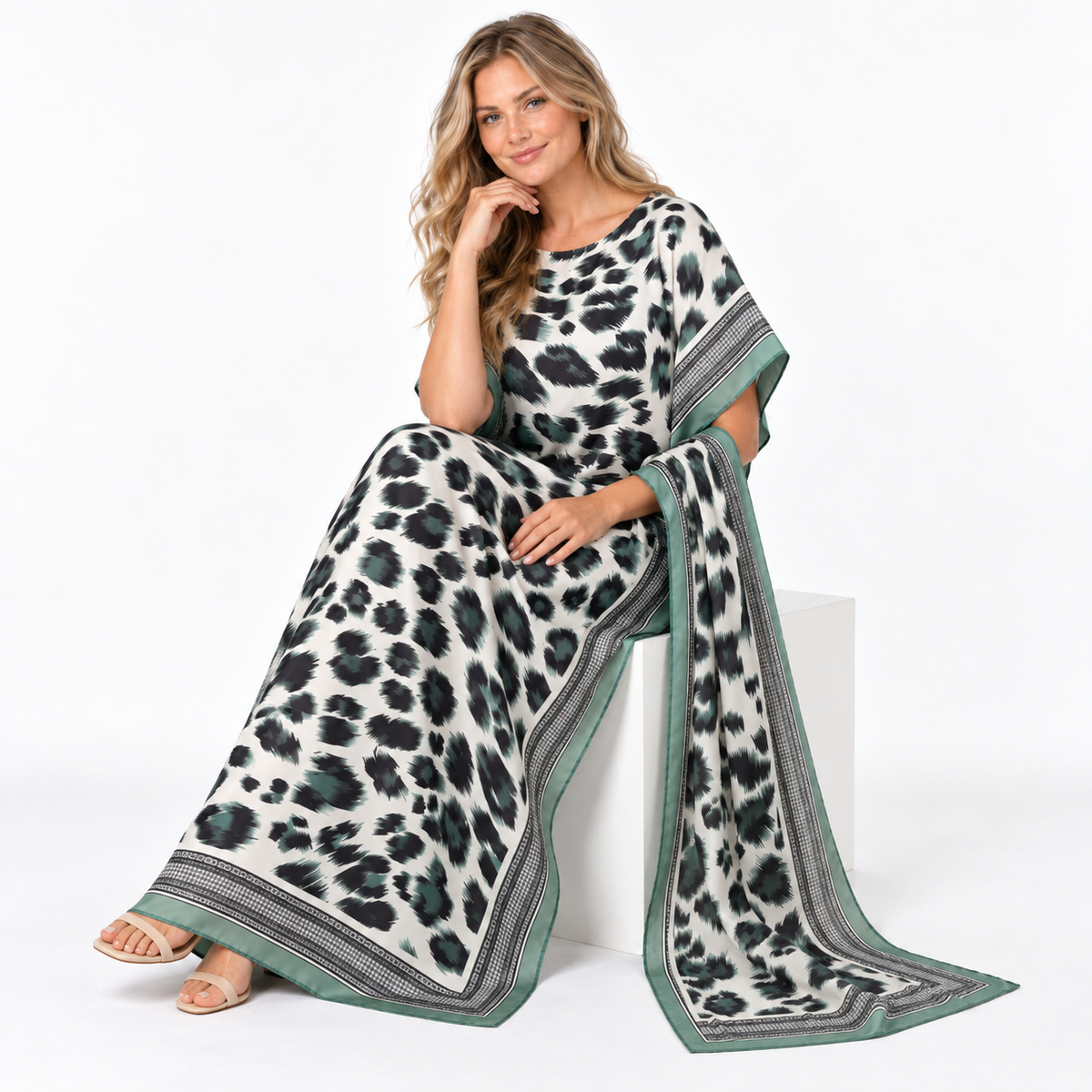 Light Green Leopard Silk Satin Kaftan