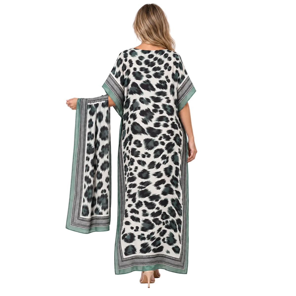 Light Green Leopard Silk Satin Kaftan