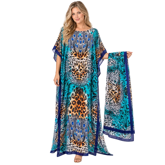 Emerald Green Animal Printed Silk Satin Kaftan