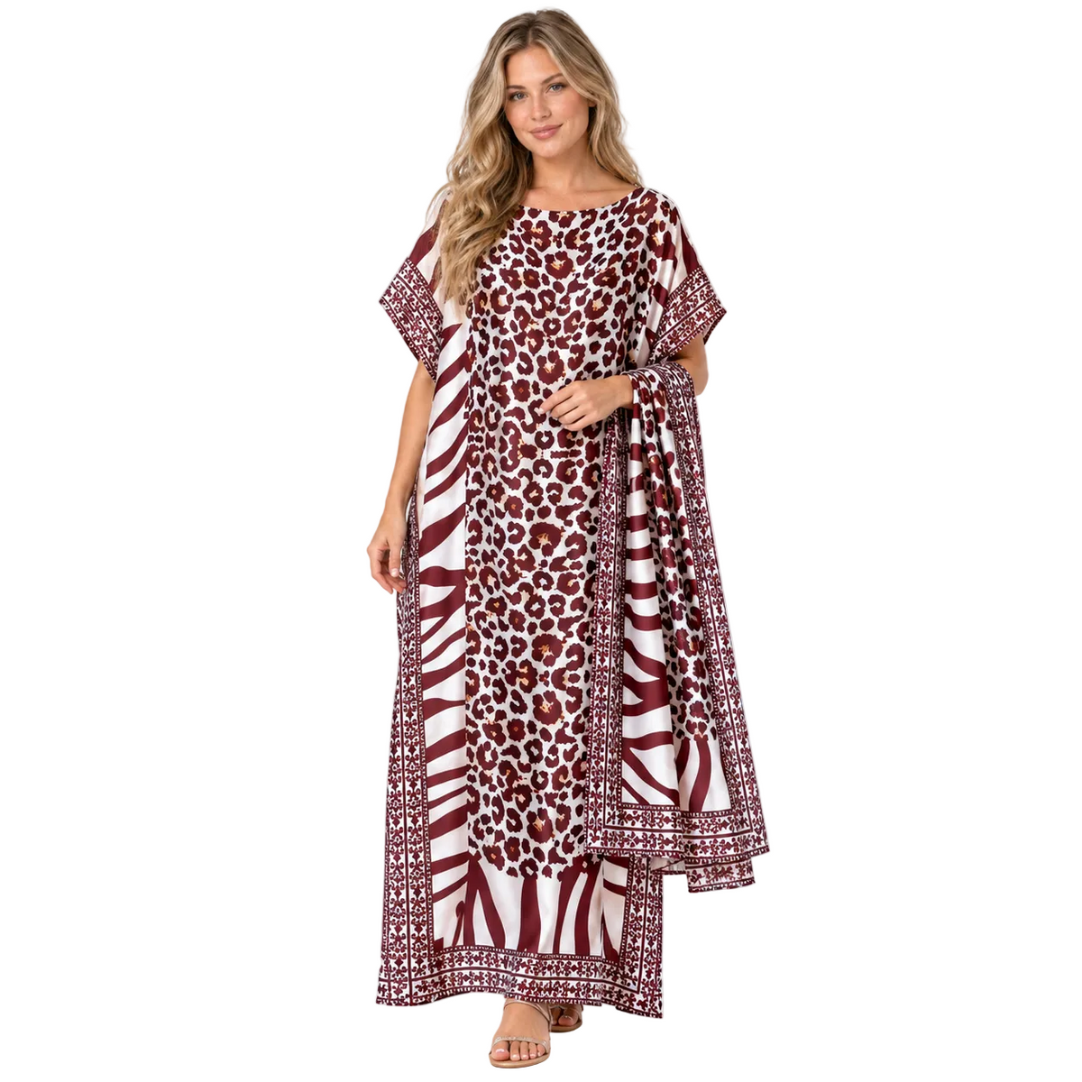 Brown Leopard Print Silk Satin Kaftan