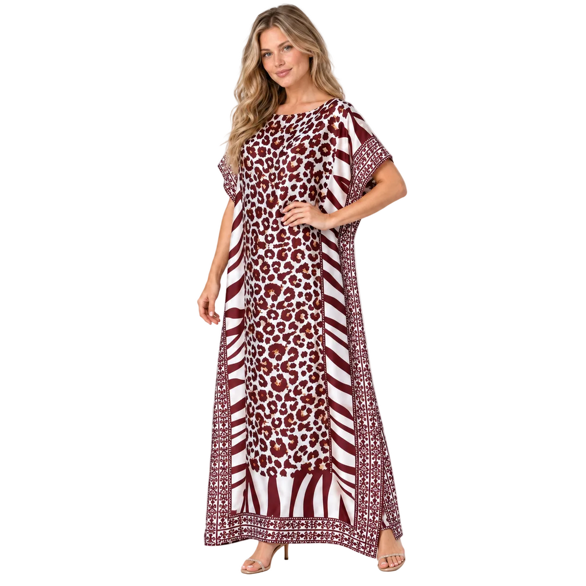 Brown Leopard Print Silk Satin Kaftan