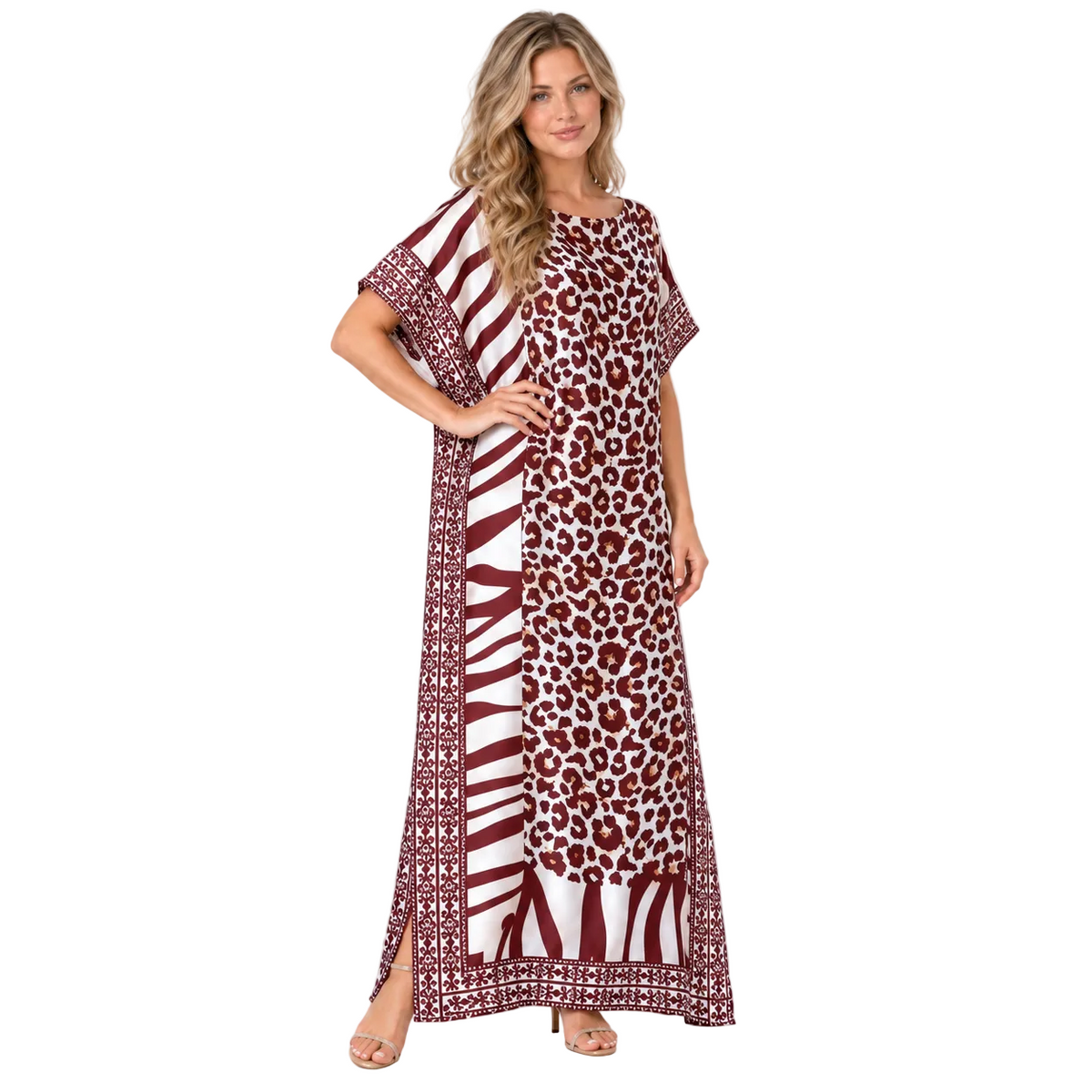 Brown Leopard Print Silk Satin Kaftan