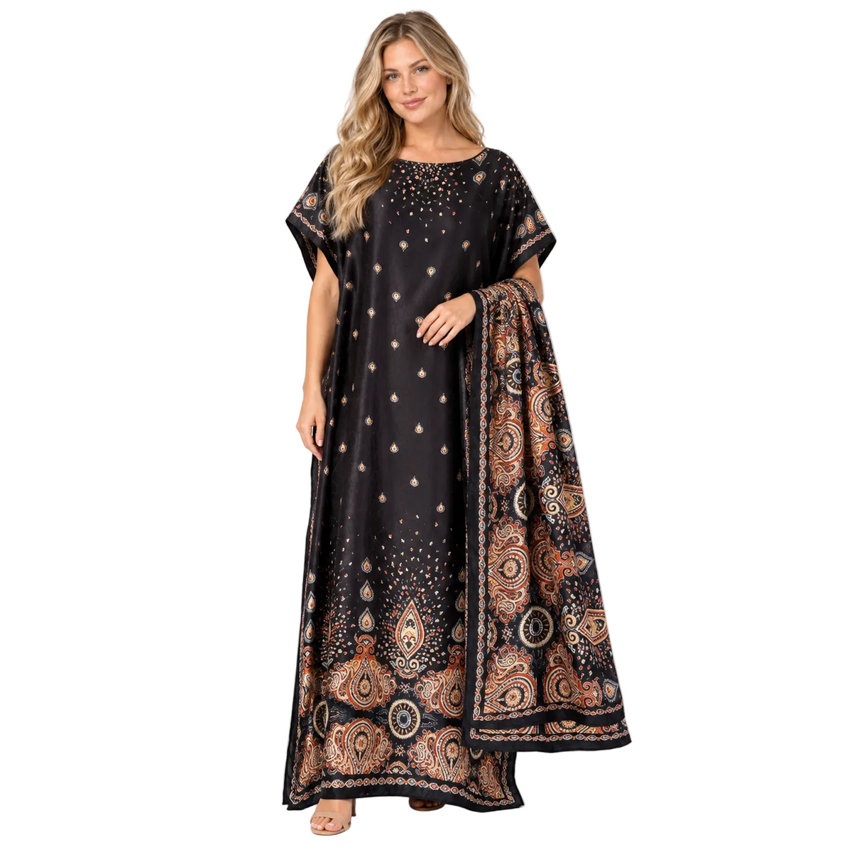 Black Paisley Print Silk Satin Kaftan