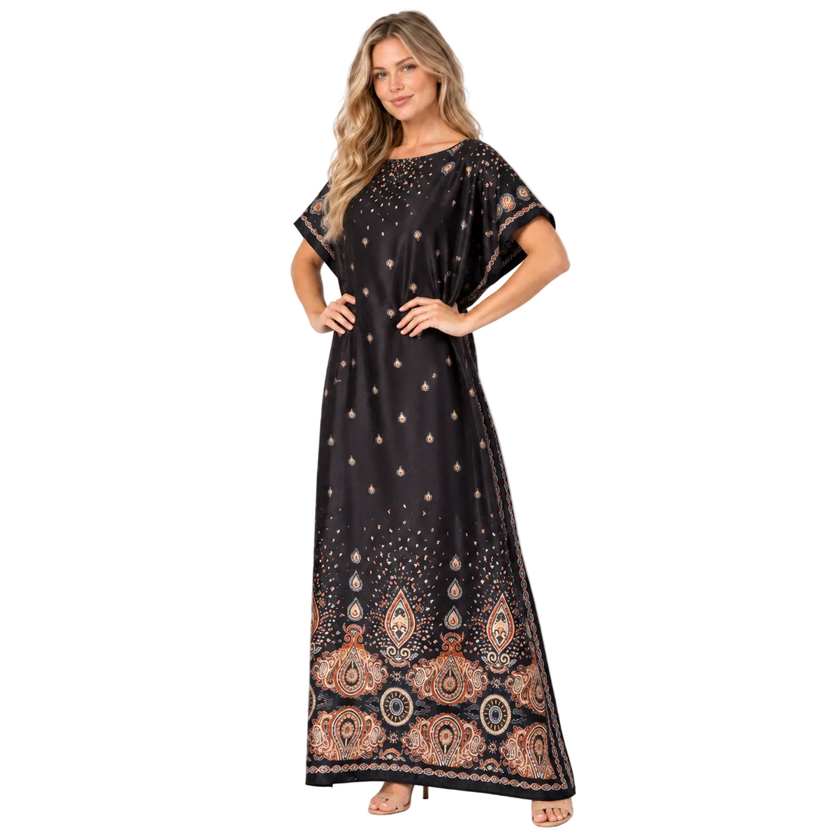 Black Paisley Print Silk Satin Kaftan