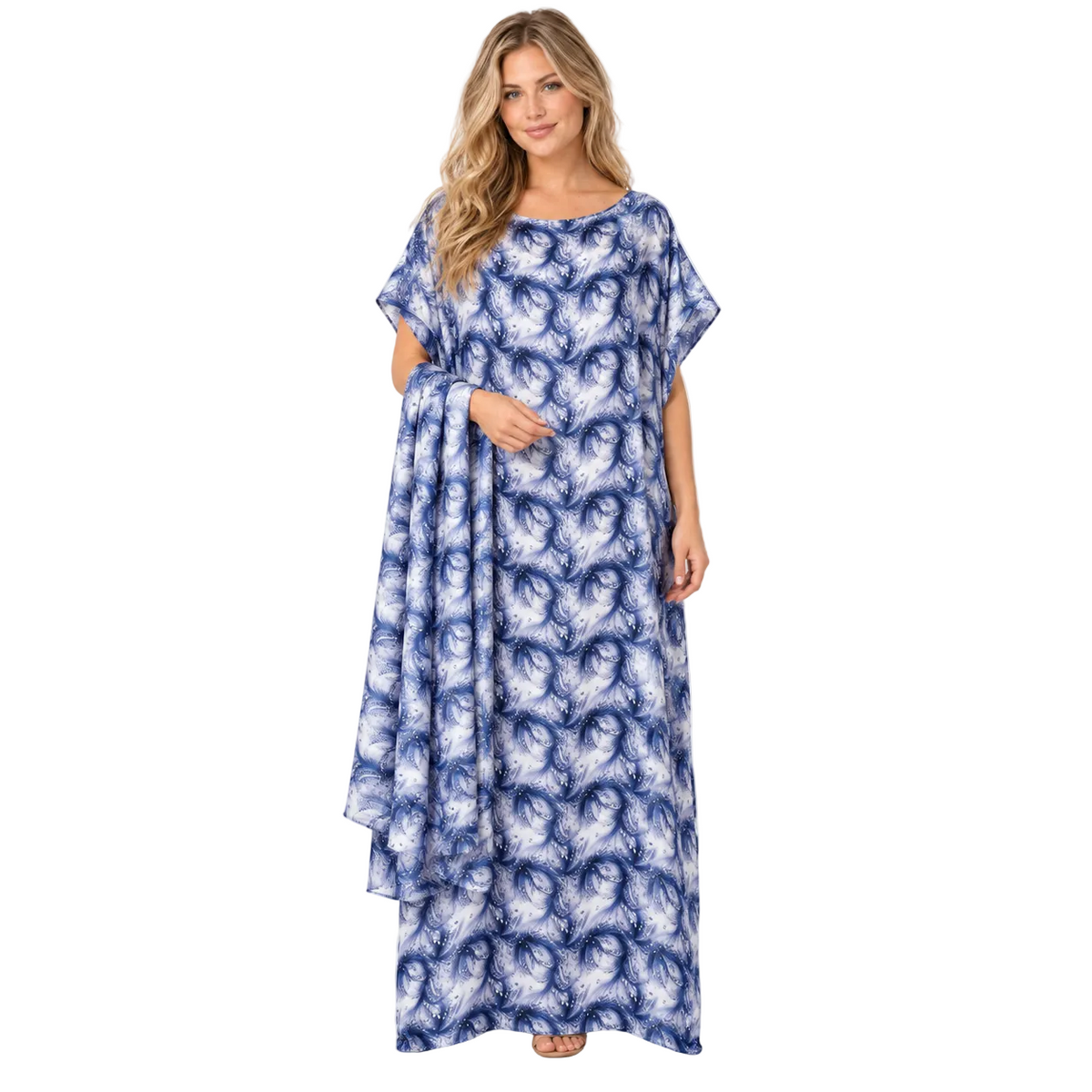 Blue Abstract Print Silk Satin Kaftan