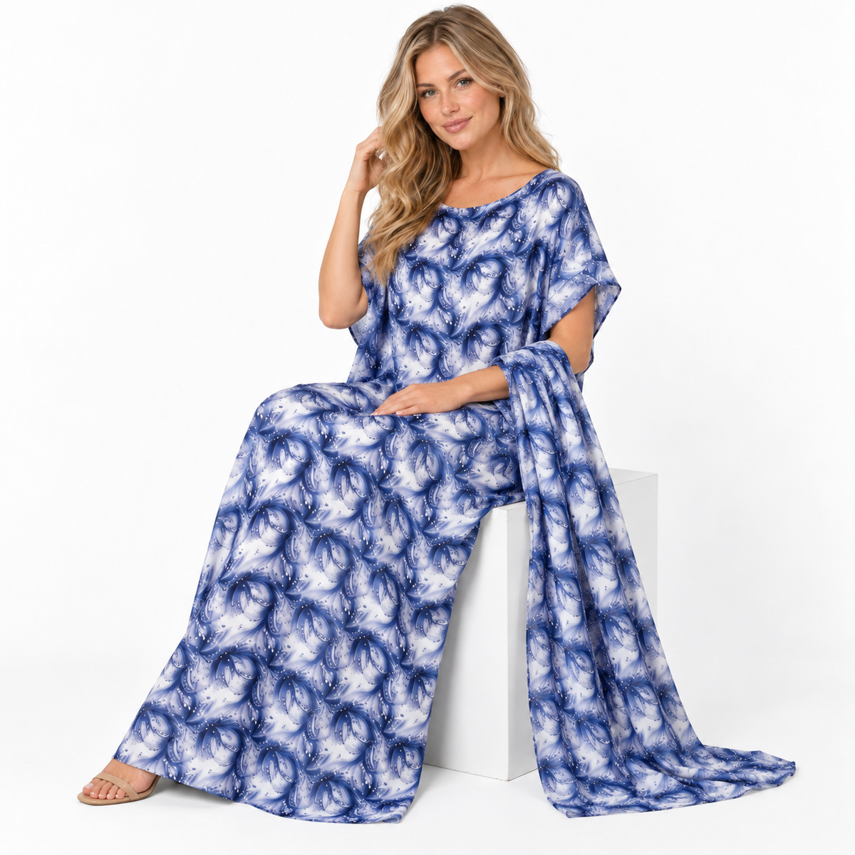 Blue Abstract Print Silk Satin Kaftan