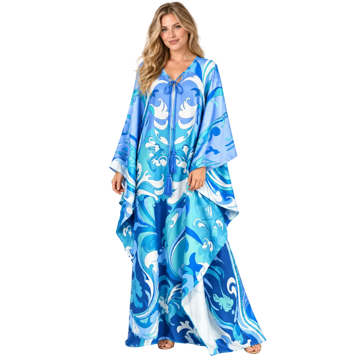Ocean Blue Printed Silk Satin Kaftan