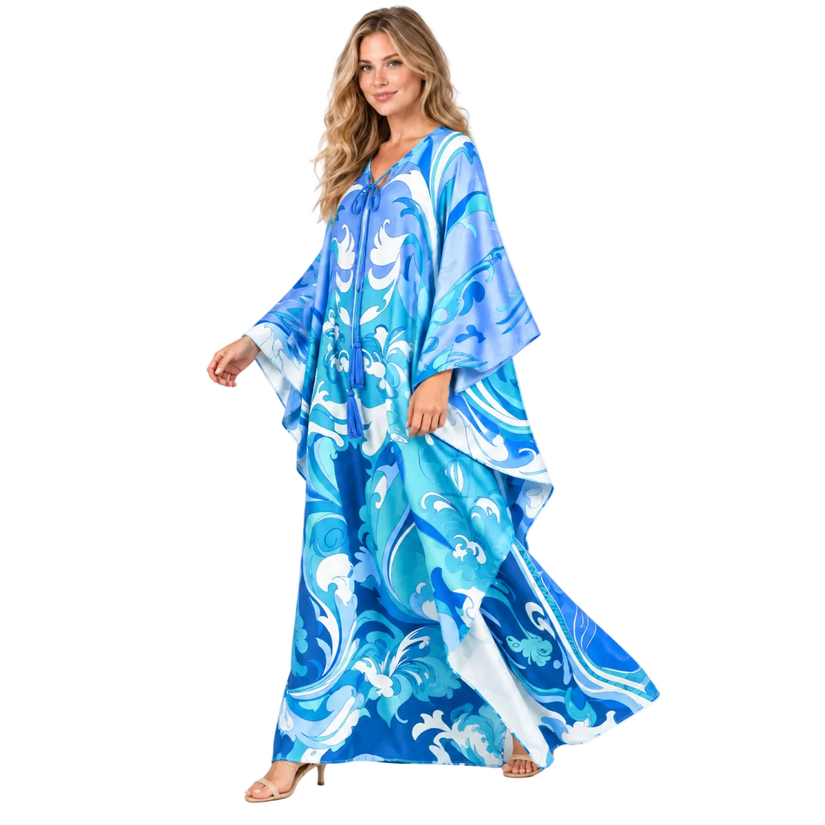 Ocean Blue Printed Silk Satin Kaftan