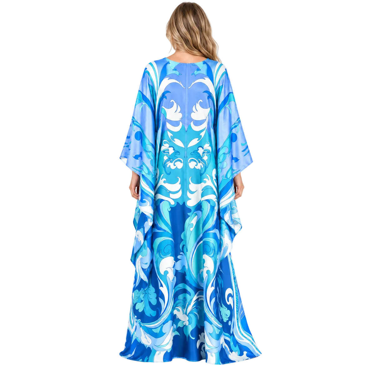 Ocean Blue Printed Silk Satin Kaftan