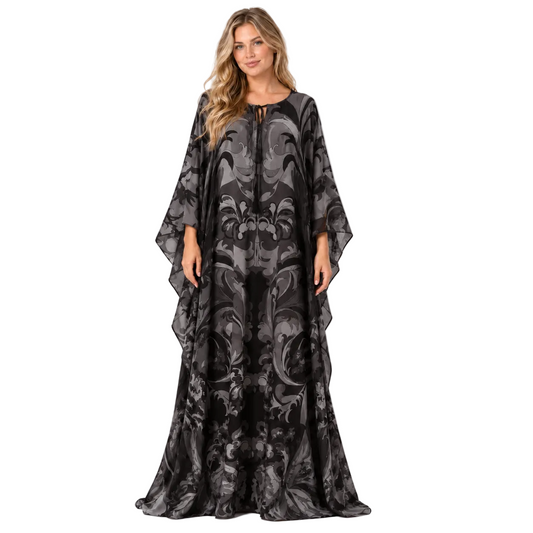 Black Floral Print Silk Satin Kaftan