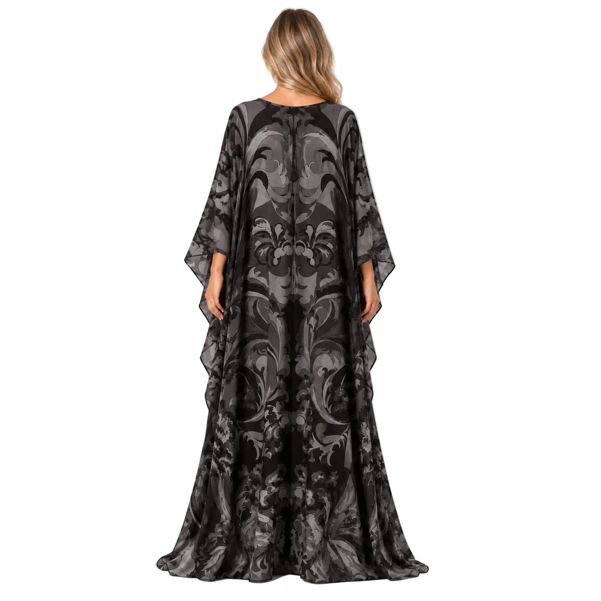 Black Floral Print Silk Satin Kaftan