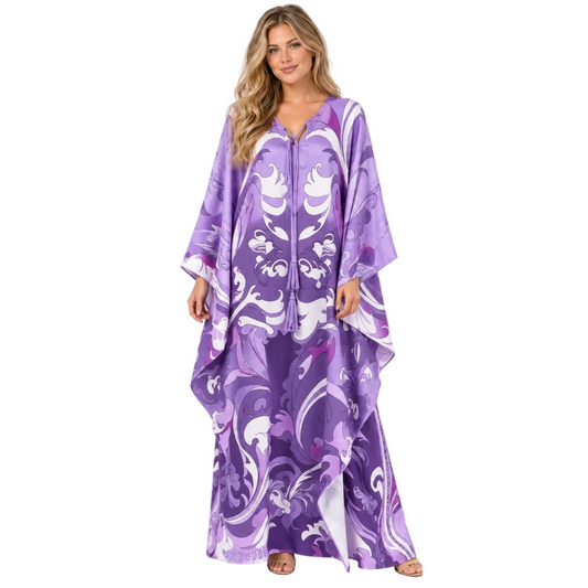 Purple Floral Print Silk Satin Kaftan