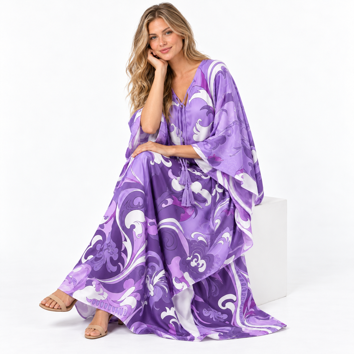 Purple Floral Print Silk Satin Kaftan