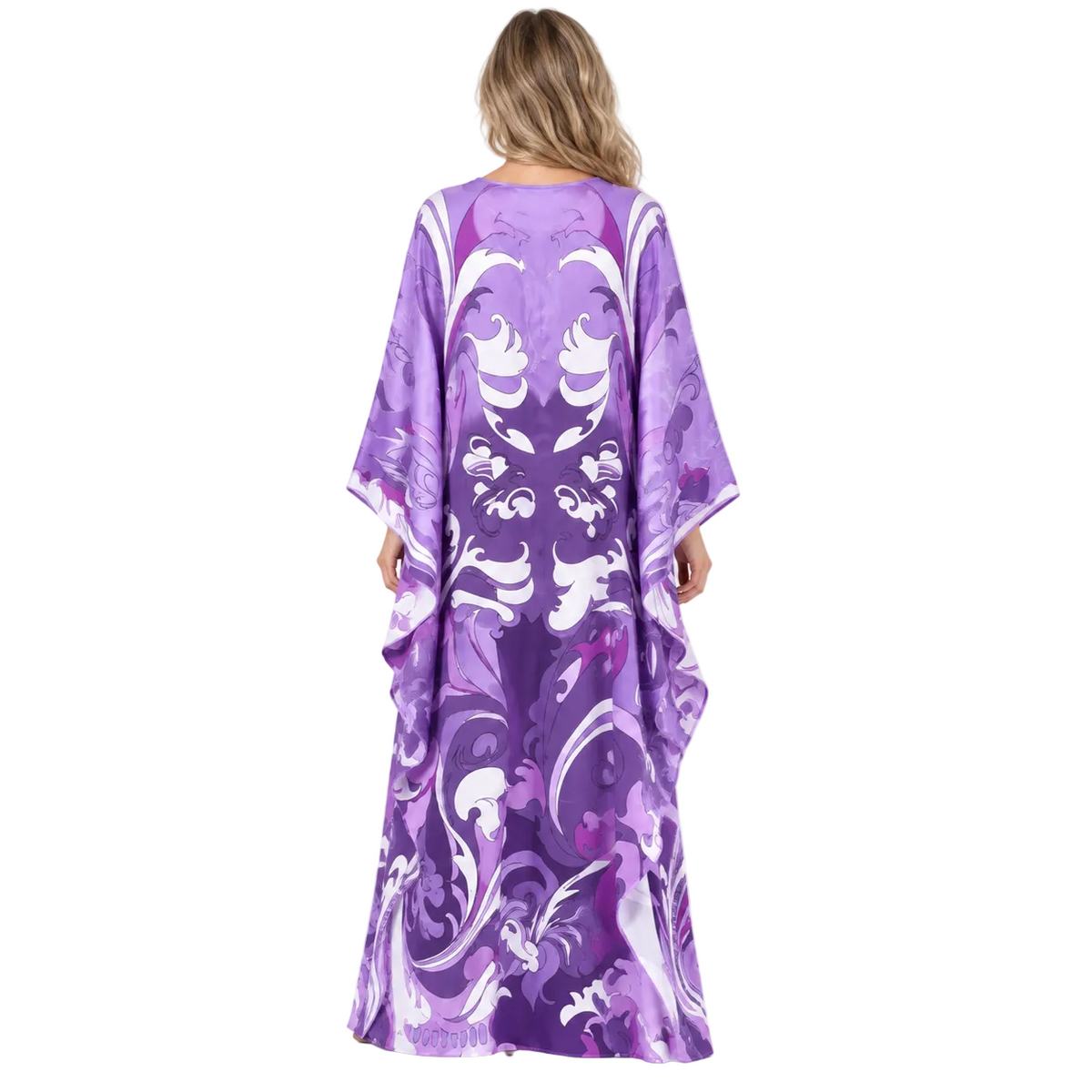 Purple Floral Print Silk Satin Kaftan