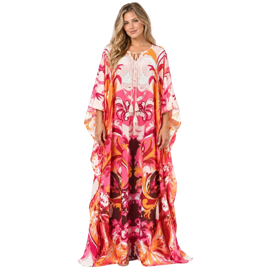 Coral Red Floral Silk Satin Kaftan