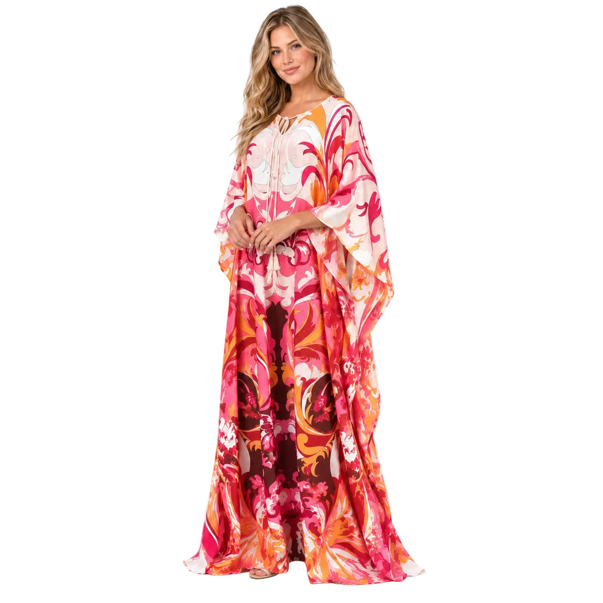 Coral Red Floral Silk Satin Kaftan